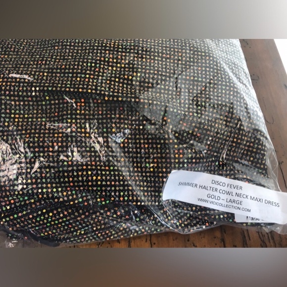 VICI Disco Fever shimmer long dress w/ slit & draped halter cowl neckline. NEW L - Picture 6 of 12